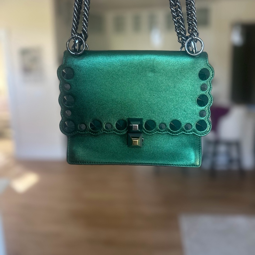 Fendi Metallic Green Leather Small Scalloped Kan I Shoulder Bag